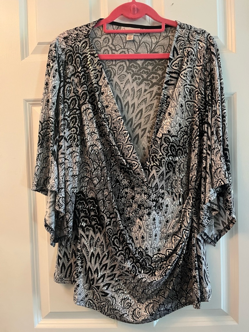 Black & White Paisley Wrap-Front Women's Blouse